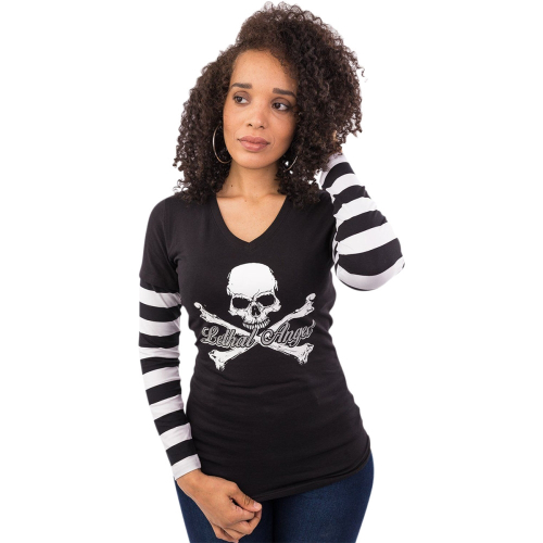 Lethal Threat - Lethal Threat Bones N Stripes Long Sleeve Womens Shirt - LA20645S - Black/White - Small