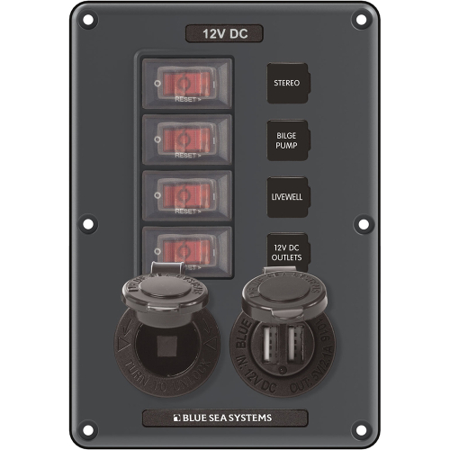 Blue Sea Systems - Blue Sea 4321 Circuit Breaker Switch Panel 4 Position - Gray w/12V Socket &amp; Dual USB
