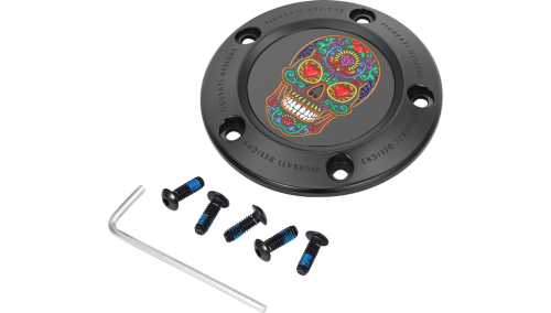 Figurati Designs - Figurati Designs Timing Cover - Black with Sugar Skull - 5 Hole - FD30-TC-5H-BLK