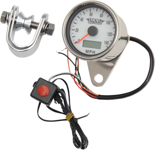 Drag Specialties - Drag Specialties Programmable Mini Electronic Speedometer with Odometer/Tripmeter - 2.4in. - Polished/White Face - 21-6893DSWNU