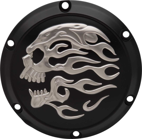 Drag Specialties - Drag Specialties Flaming Skull Derby Cover - Matte Black with Silver Flaming Skull - 1107-0636
