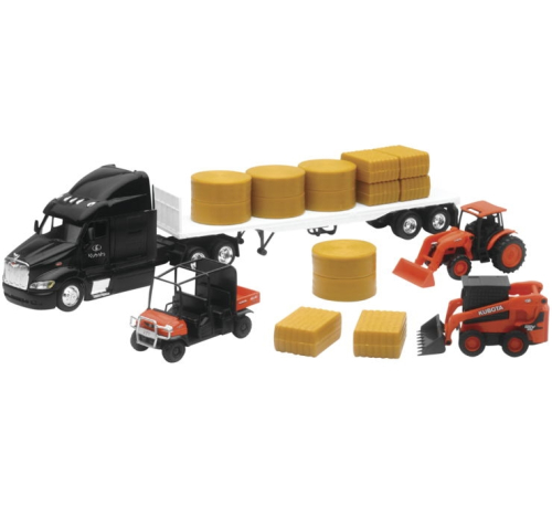 New Ray Toys - New Ray Toys Kubota Playset - Kubota Farm Vehicles with Peterbilt 387 Flatbed Truck Set - SS-33363A