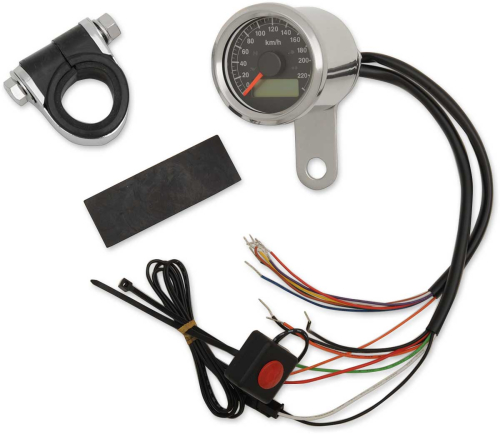 Drag Specialties - Drag Specialties 1-7/8in. Mini Programmable Electronic Speedometer w/ Indicator Lights - 220kph - Black Face - 2210-0418