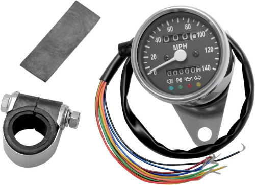 Drag Specialties - Drag Specialties 2.4in. Mini Mechanical Speedometer with LED Indicators - 2:1 Ratio - Black Face - 21-6838LEDPB
