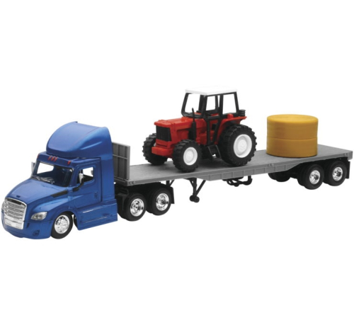 New Ray Toys - New Ray Toys 1:43 Long Hauler - Freightliner Cascadia Flatbed with Farm Tractor and Round Hay - 16083
