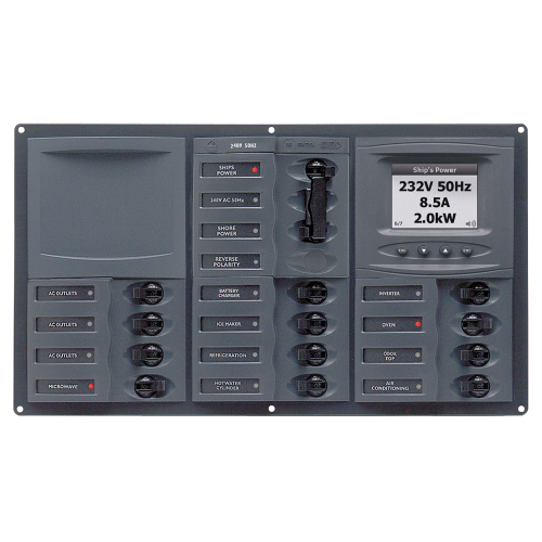 BEP Marine - BEP AC Circuit Breaker Panel w/Digital Meters, 12SP 2DP AC230V ACSM Stainless Steel Horizontal