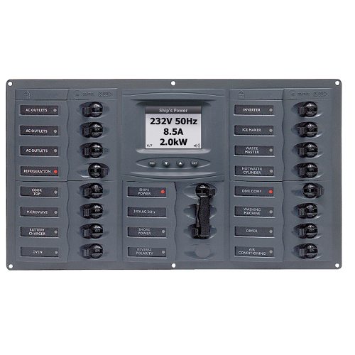BEP Marine - BEP AC Circuit Breaker Panel w/Digital Meters, 16SP 2DP AC230V ACSM Stainless Steel Horizontal