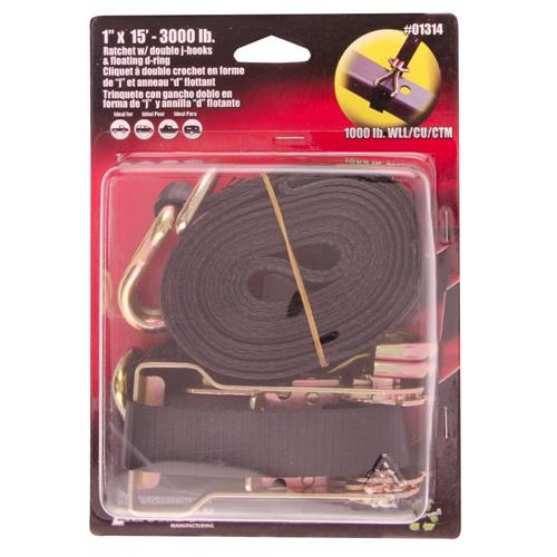 Erickson - Erickson Ratchet Strap with Double Floating Ring - 1in. x 15ft. - Black - 01314