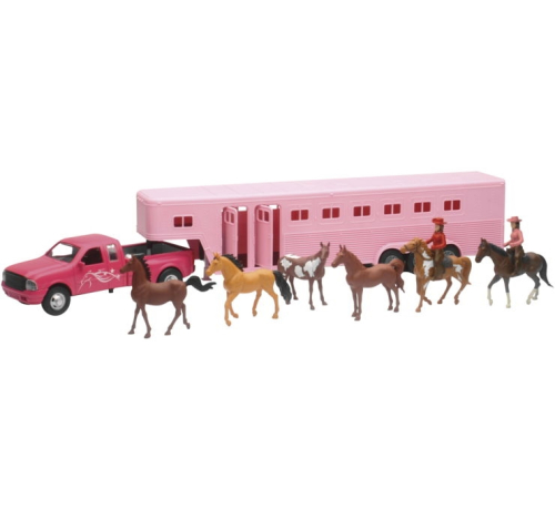 New Ray Toys - New Ray Toys 1:32 Pickup with Trailer Set - Pink Pickup with Fifth Wheel Horse Trailer Set - SS-15395