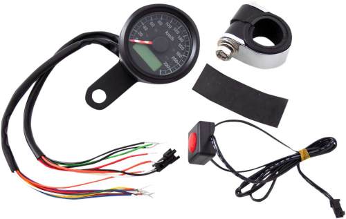 Drag Specialties - Drag Specialties 1-7/8in. Mini Programmable Electronic Speedometer w/ Indicator Lights - 220kph - Black Face - 2210-0422