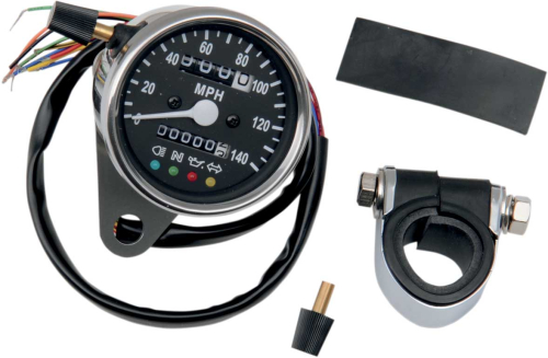 Drag Specialties - Drag Specialties 2.4in. Mini Mechanical Speedometers with Led Indicators - Ratio 2240:60 - Black Face - 21-6840LEDPB