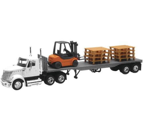 New Ray Toys - New Ray Toys 1:43 Long Hauler - International Lonestar Flatbed with Forklift and Pallet - 16643