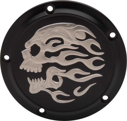Drag Specialties - Drag Specialties Flaming Skull Derby Cover - Matte Black with Silver Flaming Skull - 1107-0634