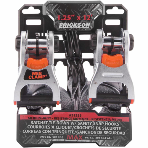 Erickson - Erickson 1.25in. x 12ft. Deluxe Tie-Downs with Web Clamps and Safety Hooks - 31353