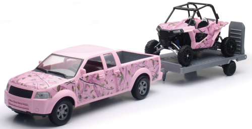 New Ray Toys - New Ray Toys 1:18 Scale Pink CAMO Pick up and trailer with Polaris Pink CAMO RZR 1000XP - SS-76486