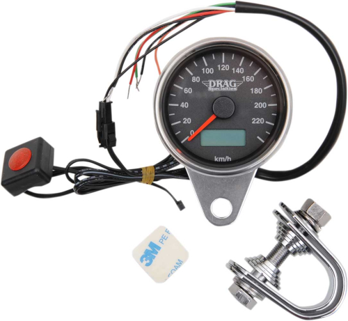 Drag Specialties - Drag Specialties 220 KM/H Mini Electronic Speedometer w/ Odometer/Tripmeter - Polished/Black Face - 2.37in. - 2210-0326