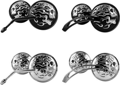HardDrive - HardDrive Flaming Skull Mirror Round Stainless Steel Stem - Black - 270046