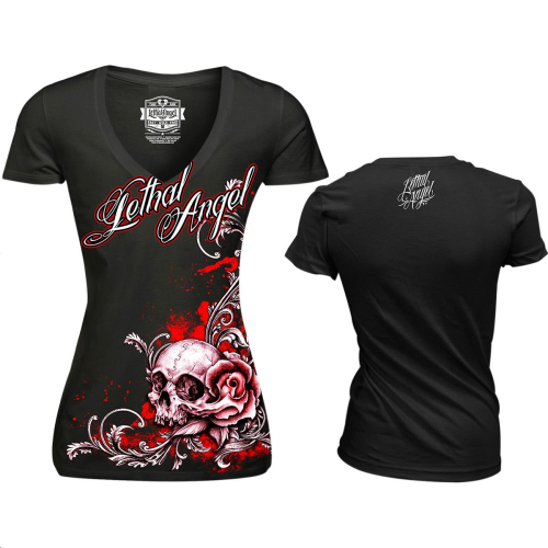 Lethal Threat - Lethal Threat Floral Skull Womens V-Neck T-Shirt - LT20288M - Black - Medium