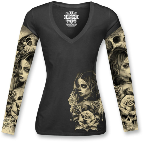 Lethal Threat - Lethal Threat Love N Death Womens Tattoo Long Sleeve Shirt - LT20429M - Black - Medium