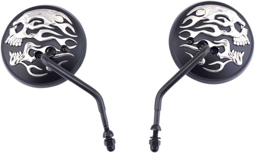 Drag Specialties - Drag Specialties 4in. Flaming Skull Round Mirror - Matte Black with Silver Flaming Skull - 0640-1420