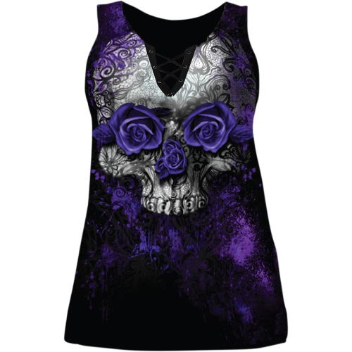 Lethal Threat - Lethal Threat Purple Rose Womens Lace Up Tank Top - LA205921X - Black - 1XL