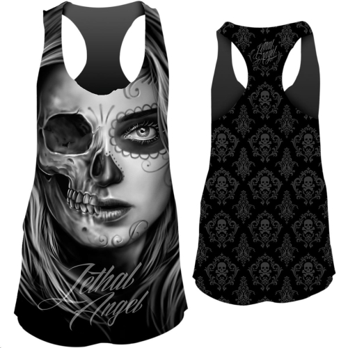 Lethal Threat - Lethal Threat Half D.O.D. Skull Womens Tank Top - LT20375M - Black - Medium