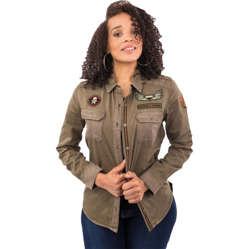 Lethal Threat - Lethal Threat Untamed Flying Tiger Womens Embroidered Button-Down Shirt - LA60125M - Army Green - Medium