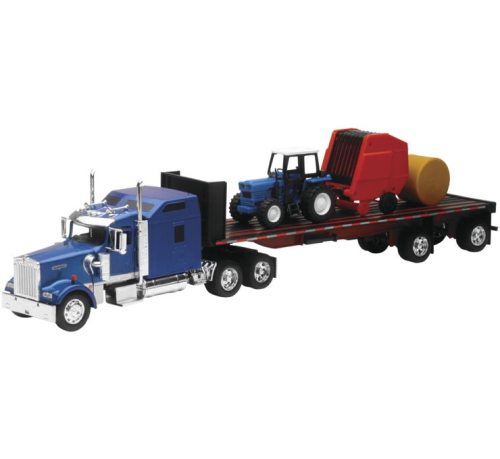 New Ray Toys - New Ray Toys 1:32 Long Hauler - Kenworth W900 Flatbed with Farm Tractor and Haybale - SS-10353E