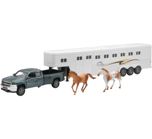 New Ray Toys - New Ray Toys 1:32 Pickup with Trailer Set - Chevy Silverado Pickup with Fifth Wheel Horse Trailer Set - SS-10713B