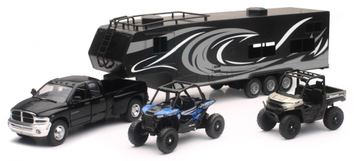 New Ray Toys - New Ray Toys Replica Scale 1 Ton Dually Truck with Toy Hauler and 2 Polaris UTVs - 37046