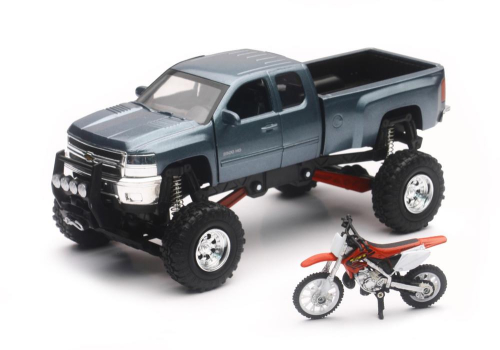 New Ray Toys - New Ray Toys 1:43 Scale Gray Chevy Silverado 4x4 with Honda Dirt Bike - SS-54426