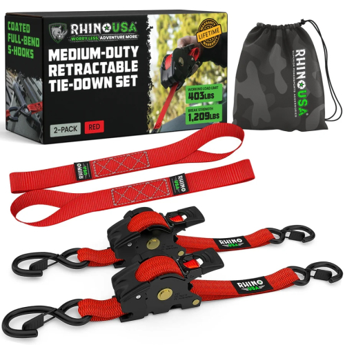 Rhino USA - Rhino USA Retractable Ratchet Straps - 1in.x10ft - 2Pack - Red - TD-RSRE1X10-2RED