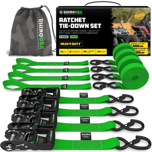 Rhino USA - Rhino USA 1.6in. x 15ft. HD Ratchet Tie-Down Set - Green - 4Pack - TD-GC1.6X15-GRN