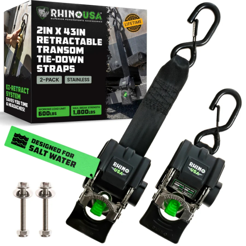 Rhino USA - Rhino USA Retractable Transom Tie-Down Straps - 2in.x30ft. - 2Pack - Stainless Steel - TD-MSTR2X43-STNLS