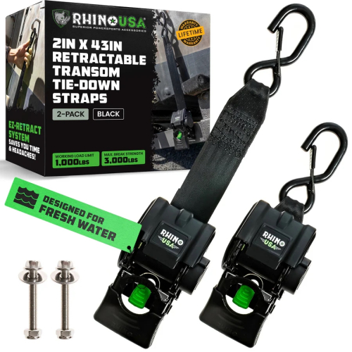 Rhino USA - Rhino USA Retractable Transom Tie-Down Straps - 2in.x30ft. - 2Pack - Black Powder Coat - TD-MSTR2X43-BLK