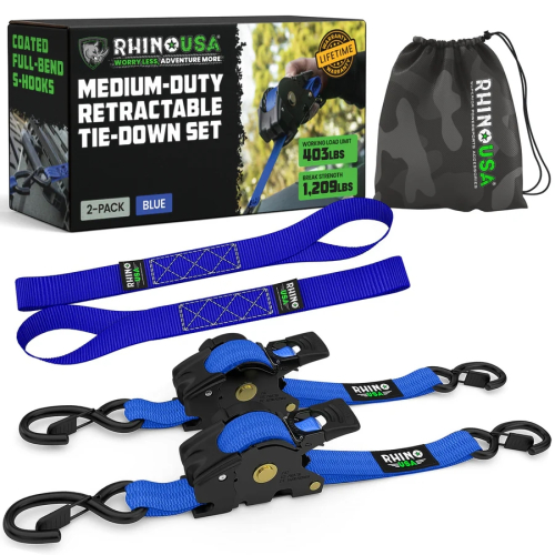 Rhino USA - Rhino USA Retractable Ratchet Straps - 1in.x10ft - 2Pack - Blue - TD-RSRE1X10-2BLU