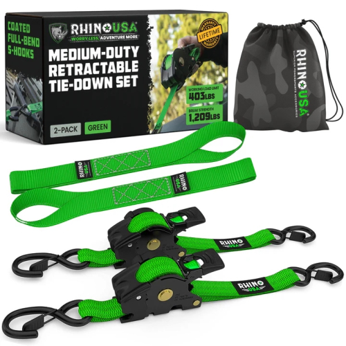 Rhino USA - Rhino USA Retractable Ratchet Straps - 1in.x10ft - 2Pack - Green - TD-RSRE1X10-2GRN