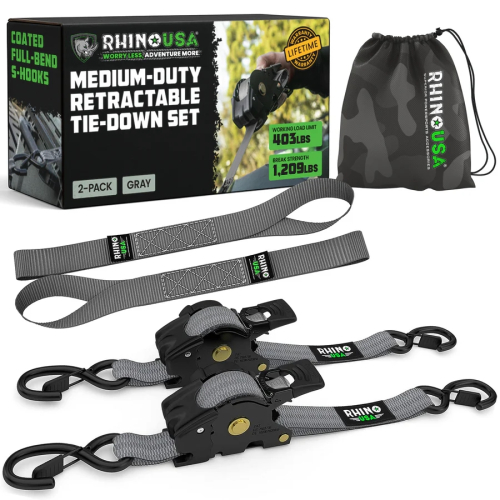 Rhino USA - Rhino USA Retractable Ratchet Straps - 1in.x10ft - 2Pack - Gray - TD-RSRE1X10-2GRY