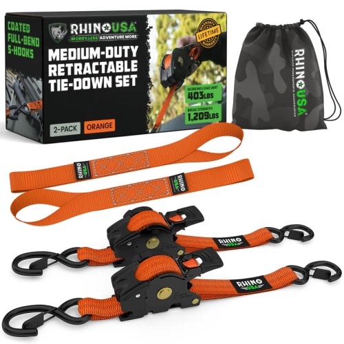 Rhino USA - Rhino USA Retractable Ratchet Straps - 1in.x10ft - 2Pack - Orange - TD-RSRE1X10-2ORG