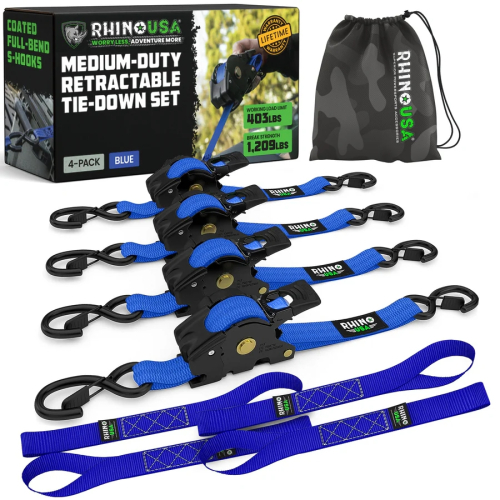 Rhino USA - Rhino USA Retractable Ratchet Straps - 1in.x10ft - 4Pack - Blue - TD-RSRE1X10-BLU