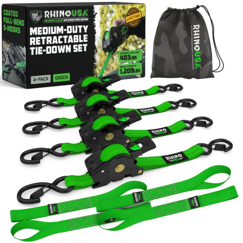 Rhino USA - Rhino USA Retractable Ratchet Straps - 1in.x10ft - 4Pack - Green - TD-RSRE1X10-GRN-R