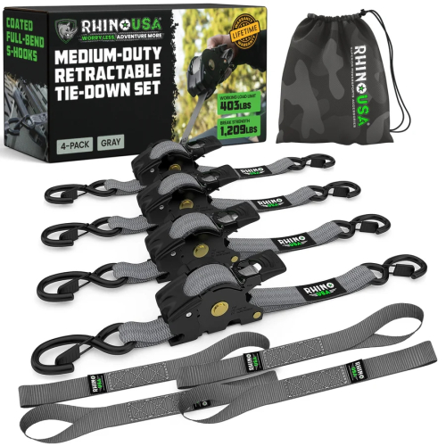 Rhino USA - Rhino USA Retractable Ratchet Straps - 1in.x10ft - 4Pack - Gray - TD-RSRE1X10-GRY-R