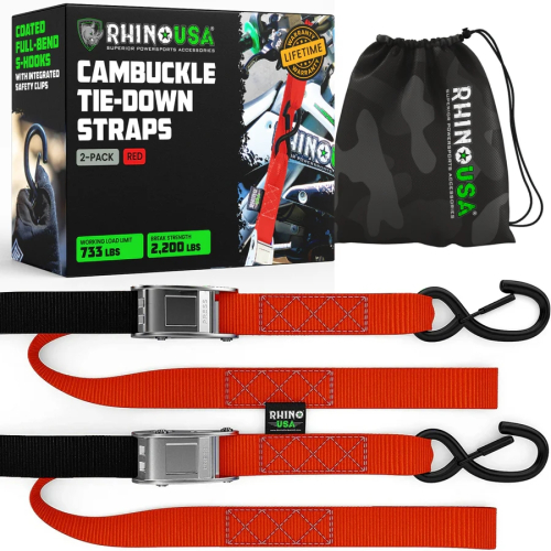 Rhino USA - Rhino USA 1.5in. x 8ft. Cambuckle Tie-Down Straps - Red - 2Pack - RNO-CAMSOFT-RED