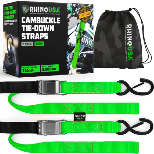 Rhino USA - Rhino USA 1.5in. x 8ft. Cambuckle Tie-Down Straps - Green - 2Pack - RNO-CAMSOFT-GRN