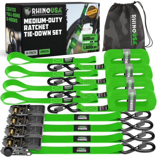 Rhino USA - Rhino USA 1in. x 15ft. Ratchet Tie-Down Set - Green - 4Pack - RCHT-4PACK-GRN