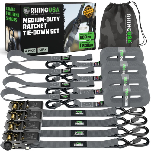 Rhino USA - Rhino USA 1in. x 15ft. Ratchet Tie-Down Set - Gray - 4Pack - RCHT-4PACK-GRY