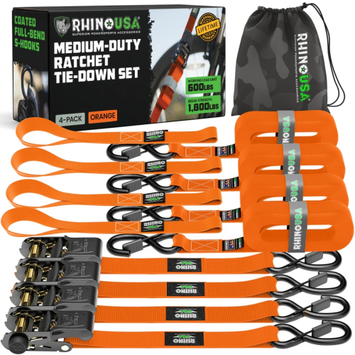 Rhino USA - Rhino USA 1in. x 15ft. Ratchet Tie-Down Set - Orange - 4Pack - RCHT-4PACK-ORG