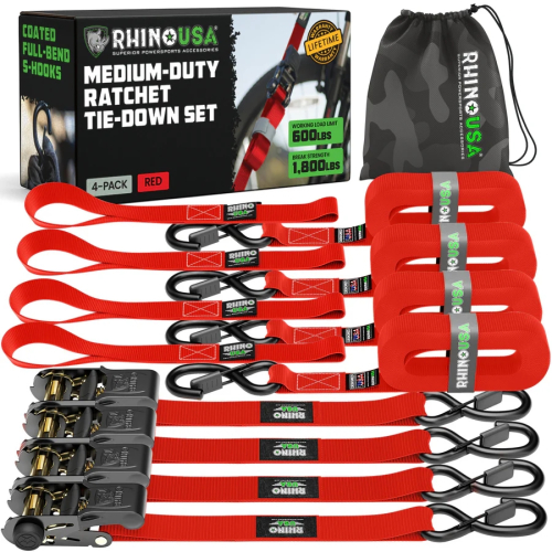 Rhino USA - Rhino USA 1in. x 15ft. Ratchet Tie-Down Set - Red - 4Pack - RCHT-4PACK-RED