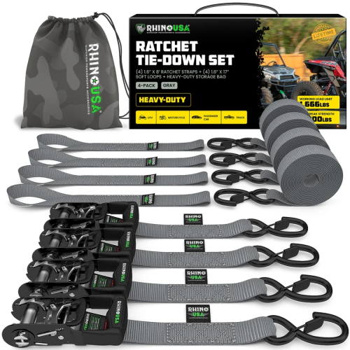 Rhino USA - Rhino USA 1.6in. x 8ft. HD Ratchet Tie-Down Set - Gray - HDKIT-4PK-GRY