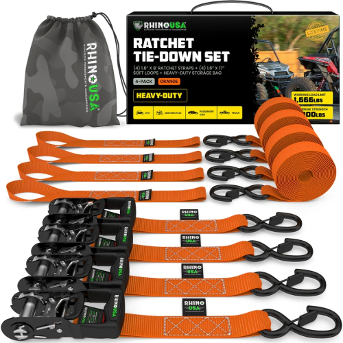 Rhino USA - Rhino USA 1.6in. x 8ft. HD Ratchet Tie-Down Set - Orange - HDKIT-4PK-ORG